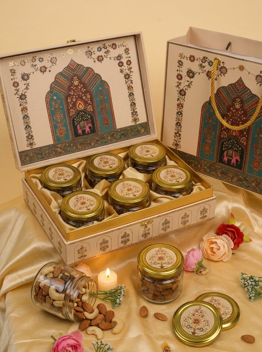 Cream Mughal Arch 6 Jar Gift Box with Carry Bag | Diwali Hamper