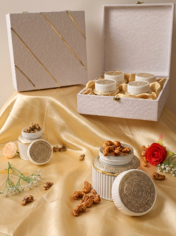 White Textured 4 and 6 Jar Gift Box with Silver Lid Jars | Premium Hamper