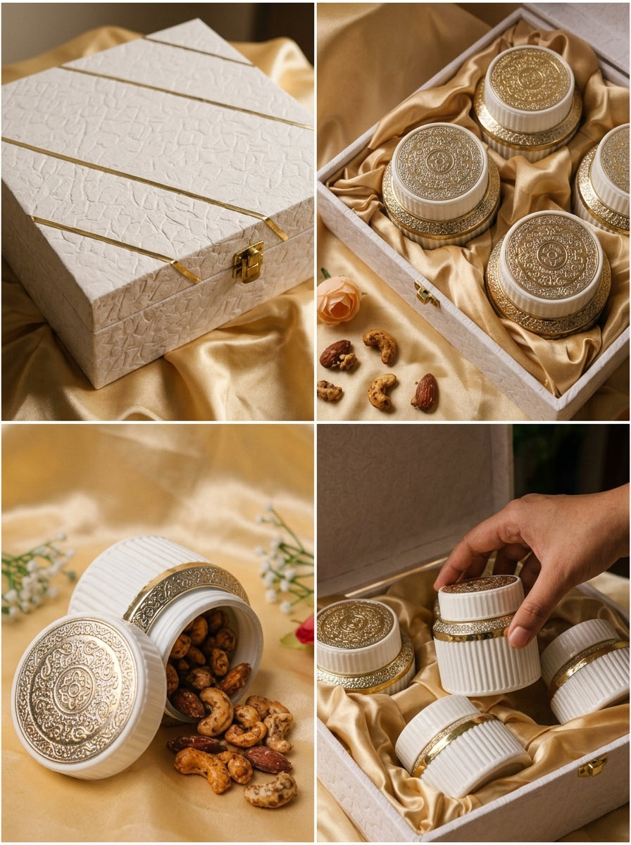 White Textured 4 and 6 Jar Gift Box with Silver Lid Jars | Premium Hamper