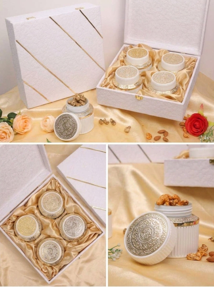 White Textured 4 and 6 Jar Gift Box with Silver Lid Jars | Premium Hamper