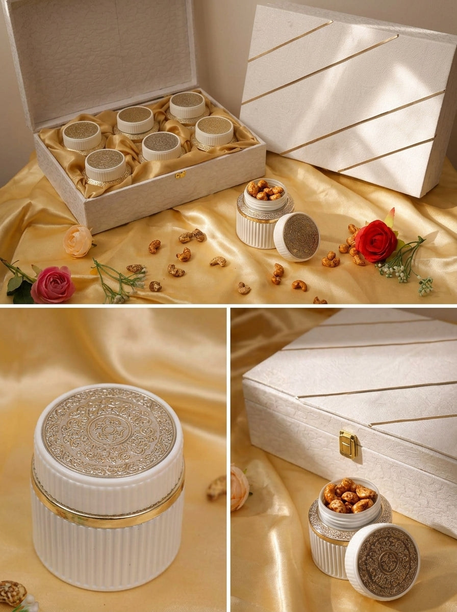 White Textured 4 and 6 Jar Gift Box with Silver Lid Jars | Premium Hamper