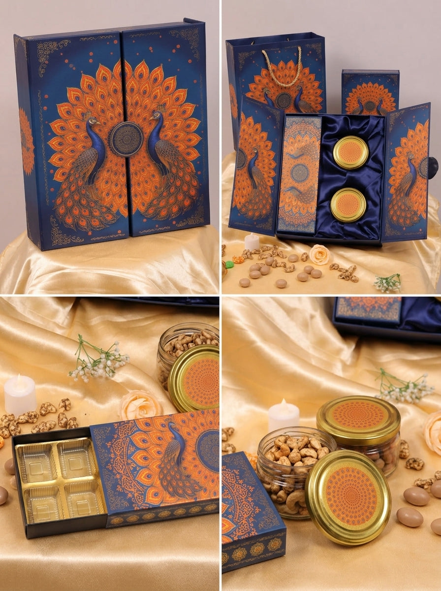 Peacock Door Style Gift Box | 2 Jars + 12 Cavity Chocolate Tray