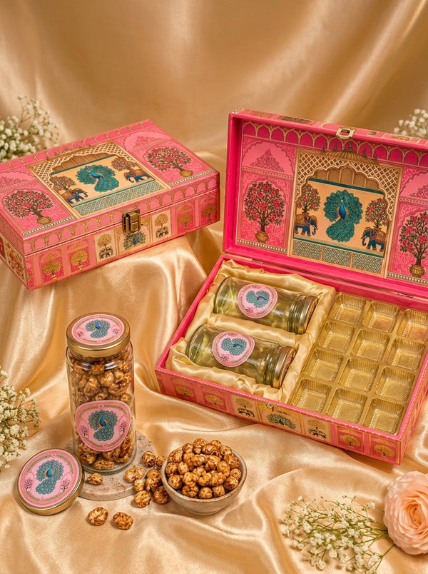 Pink Peacock Elephant Gift Box | 2 Tall Jars + 12 Cavity Tray