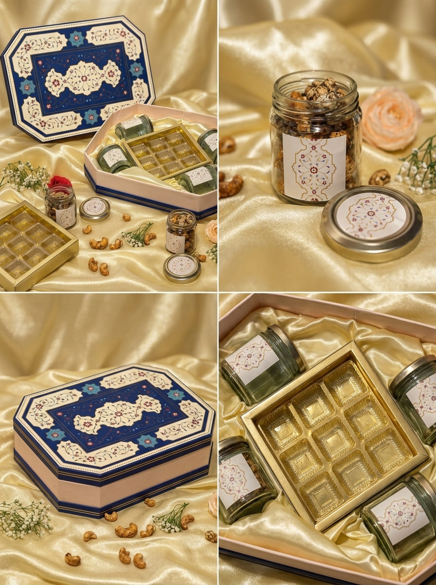Octagon Navy Floral Gift Box | 4 Jars + 9 Cavity Chocolate Tray