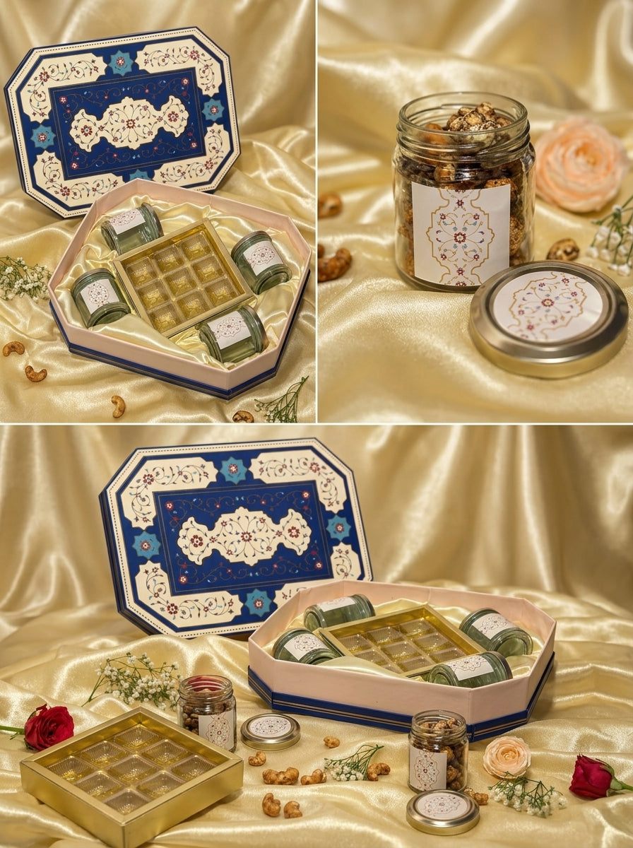 Octagon Navy Floral Gift Box | 4 Jars + 9 Cavity Chocolate Tray