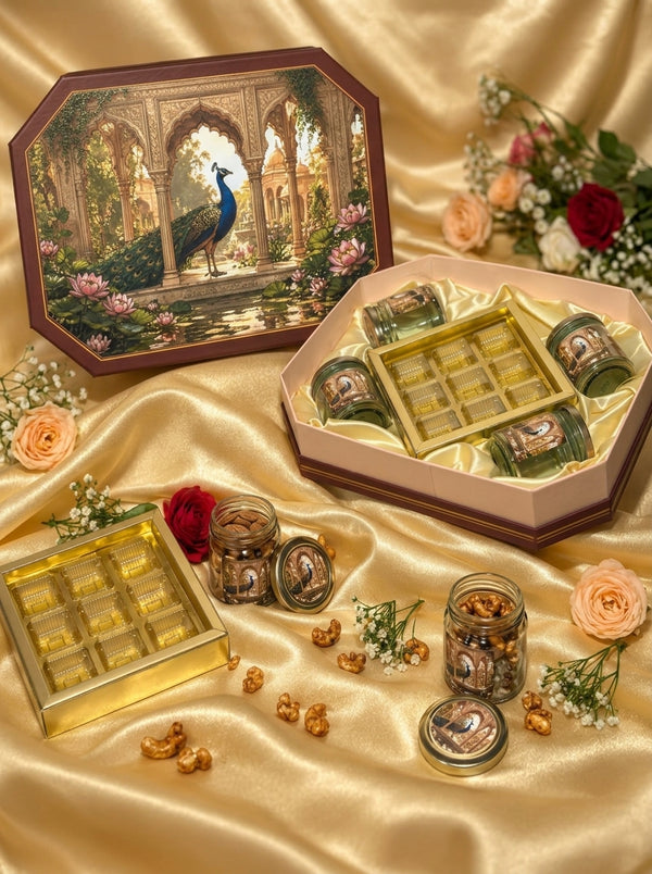 Octagon Peacock Garden Gift Box | 4 Jars + 9 Cavity Chocolate Tray
