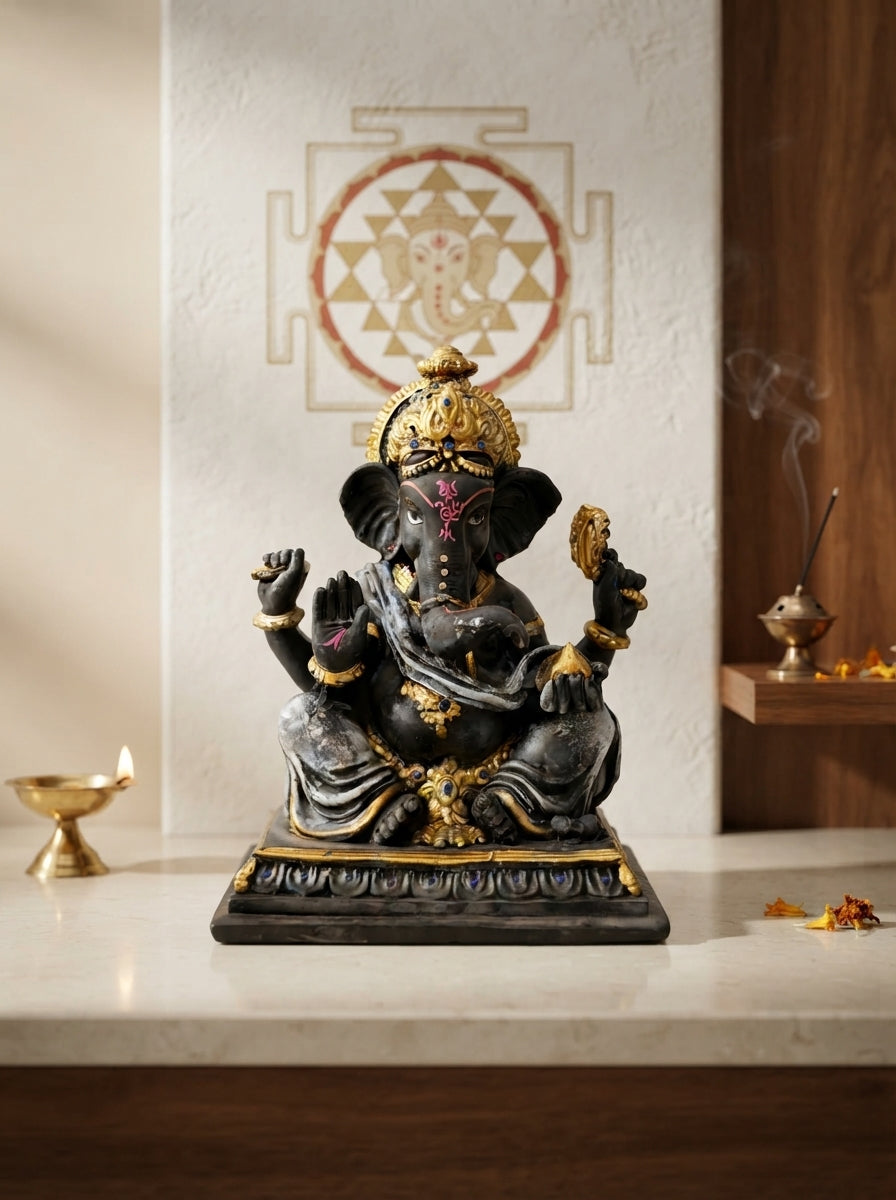 Grey Gold Four-Armed Ganesha Statue 9.8" | Hindu Decor