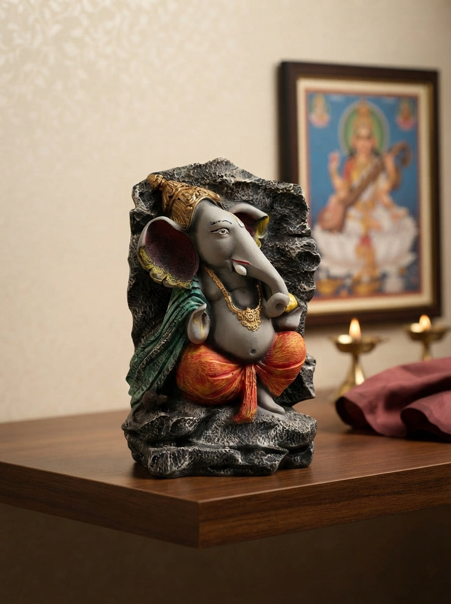 Stone Finish Lord Ganesha Rock Statue | Hindu Decor