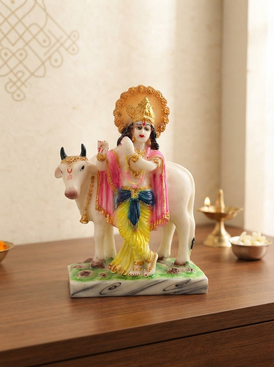 Lord Krishna Statue with Cow | White Marble Deity Figurine