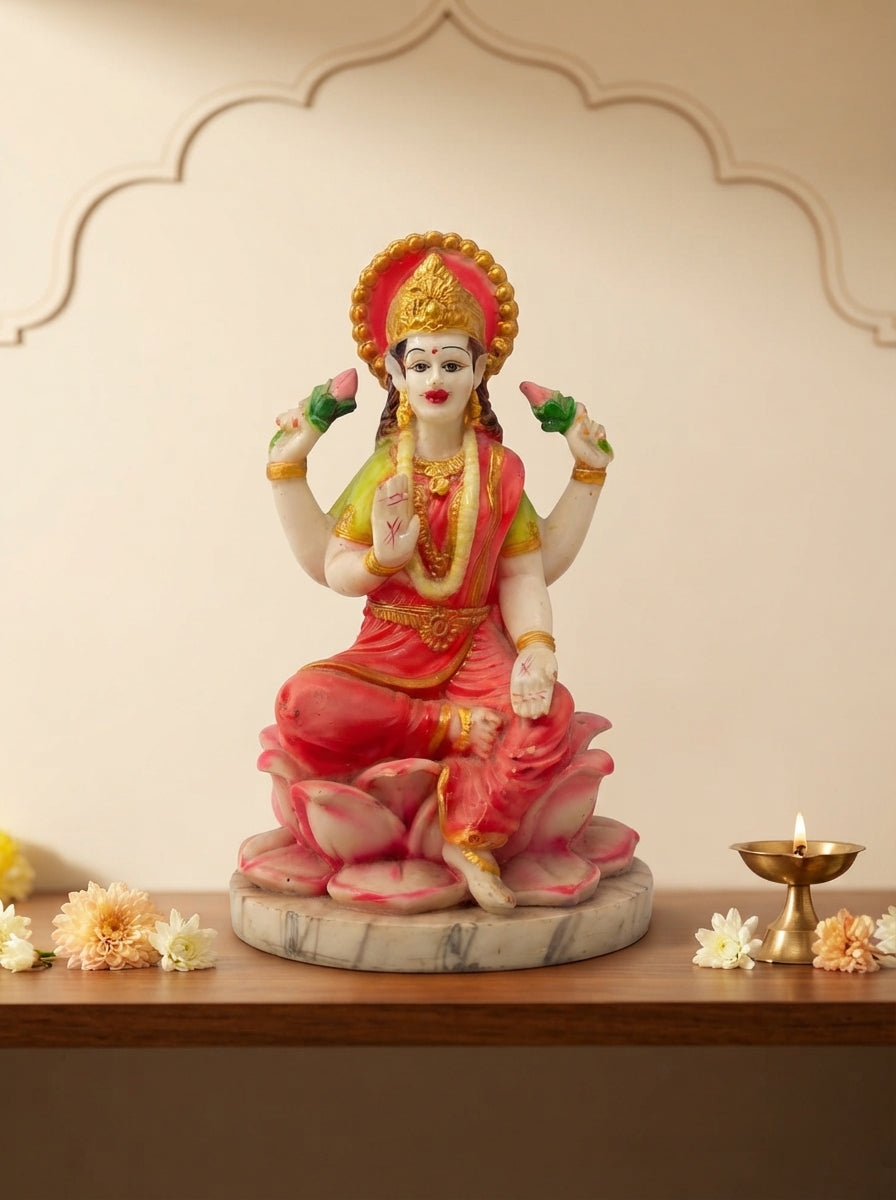 Goddess Lakshmi Statue | White Marble Deity on Lotus