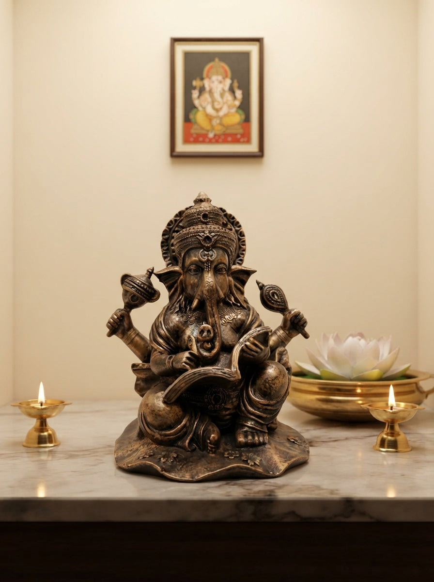 Antique Bronze Ganesha Statue with Scripture 9.5" | Silver Accent