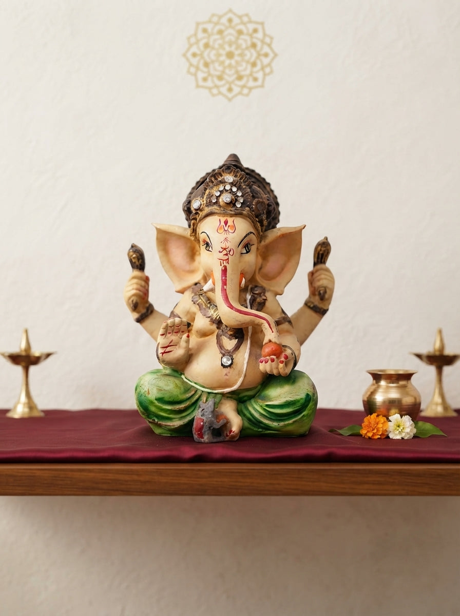 White Marble-Finish Ganesha Statue | Gold Crown Idol