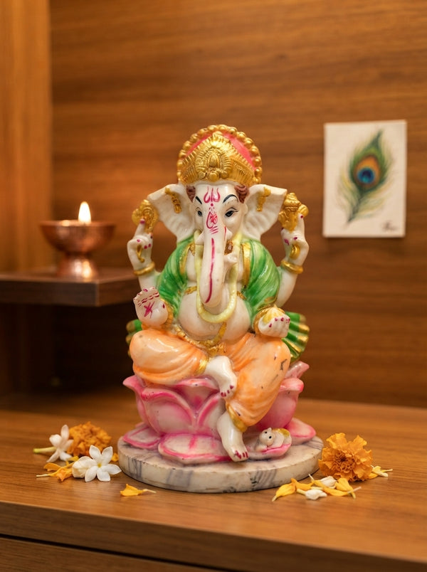 Ganesha Statue on Lotus Base | Green & Peach Marble Idol