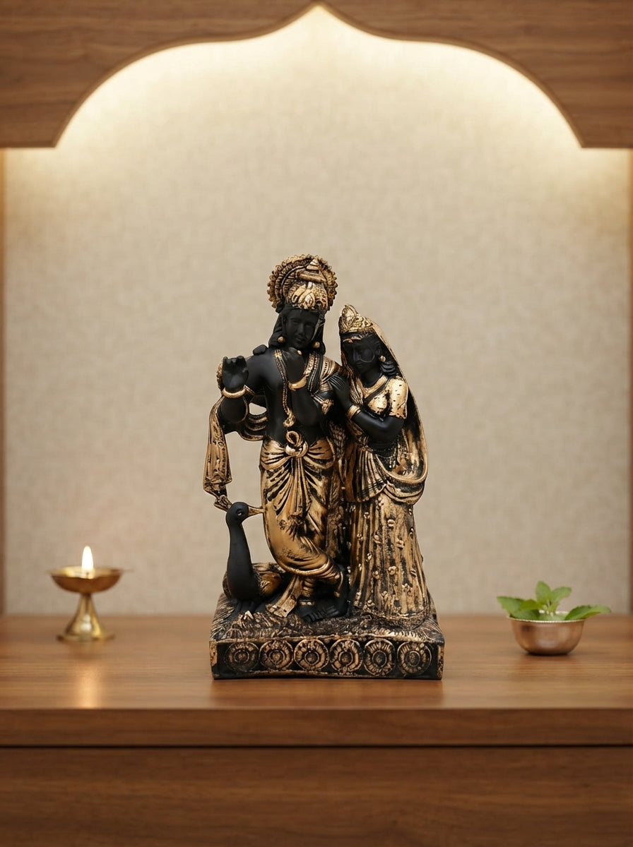 Radha Krishna Statue Black & Gold | Standing with Peacock