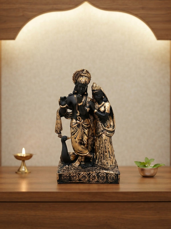 Radha Krishna Statue Black & Gold | Standing with Peacock