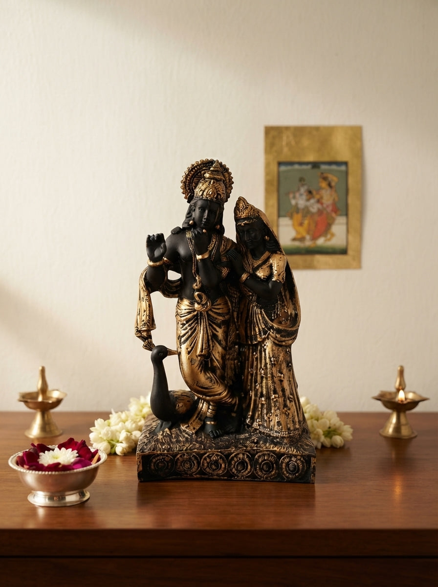 Radha Krishna Statue Black & Gold | Standing with Peacock