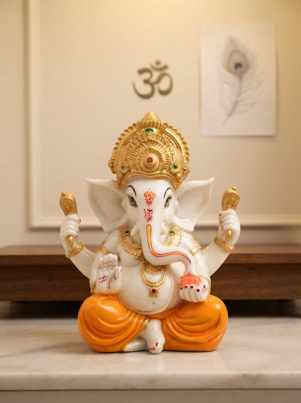 White Gold Marble Finish Ganesha Statue | Hindu Decor
