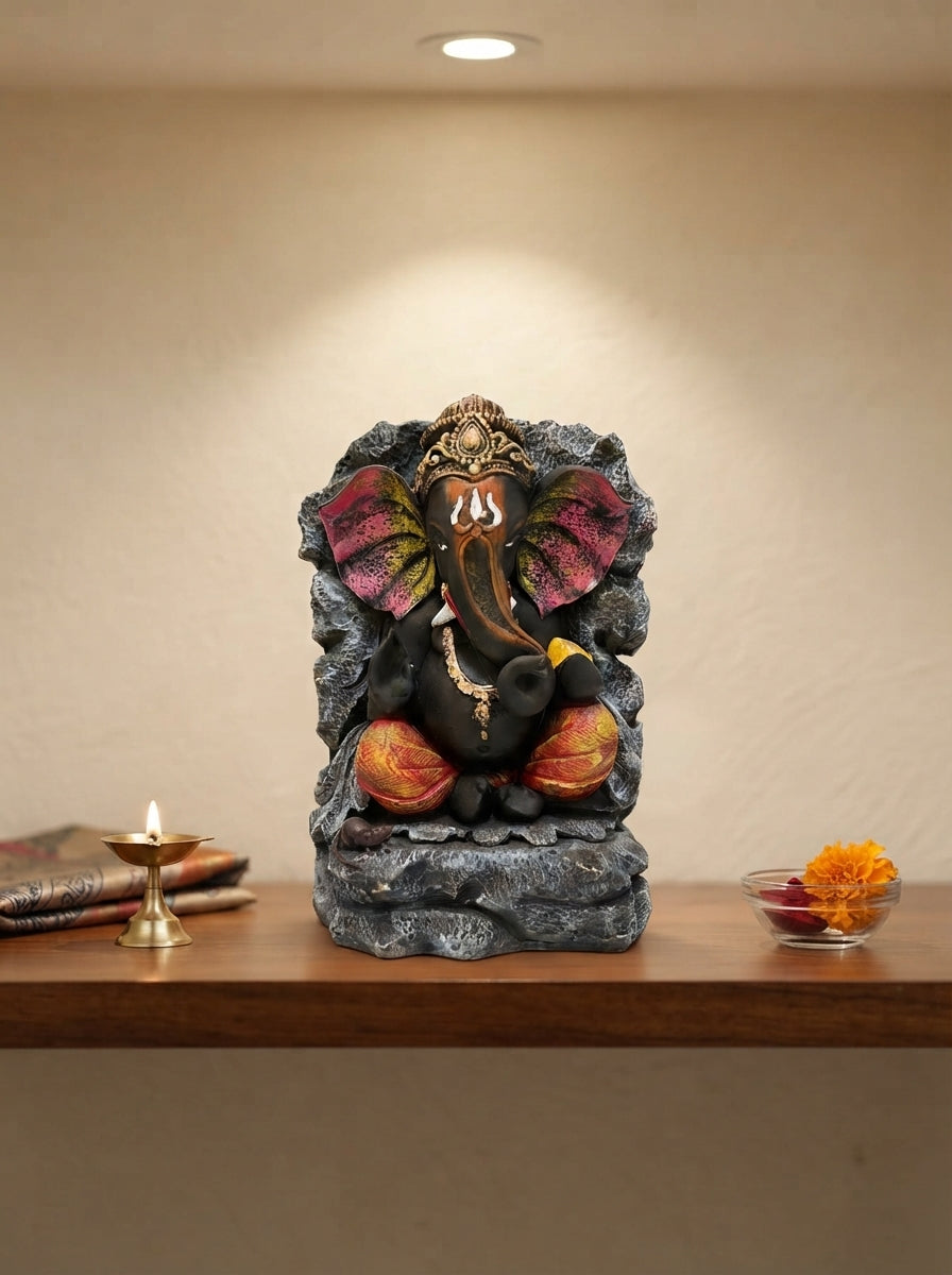 Rock Finish Lord Ganesha Statue 15" | Multicolor Hindu Decor