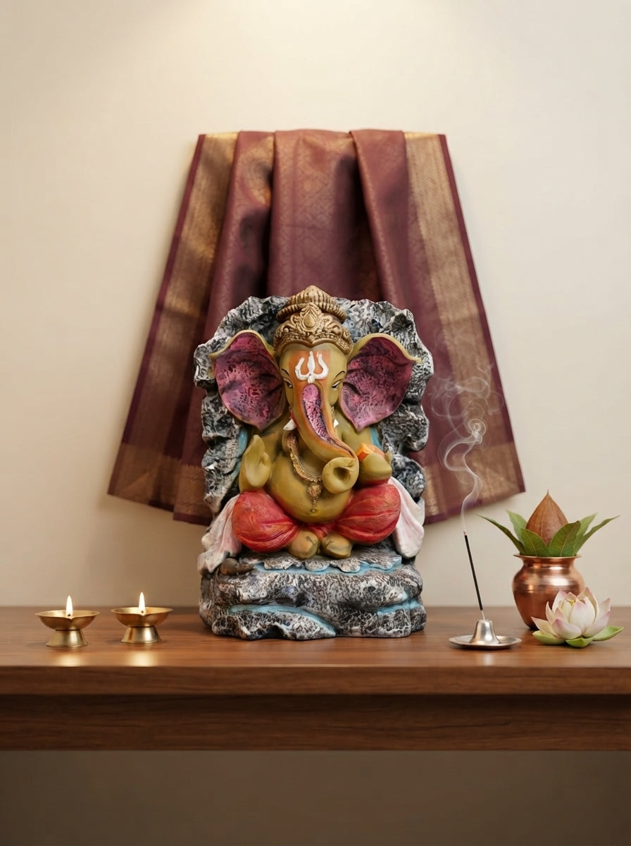 Rock Finish Lord Ganesha Statue 15" | Multicolor Hindu Decor
