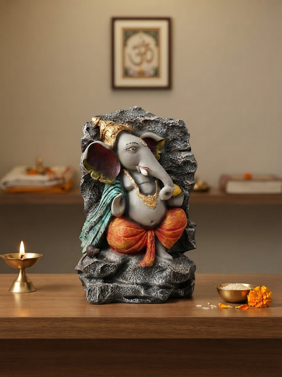Stone Finish Lord Ganesha Rock Statue | Hindu Decor