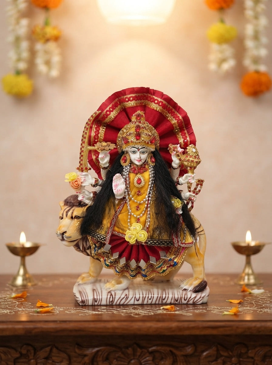 Goddess Durga on Lion Statue | Fabric Dressed Hindu Idol
