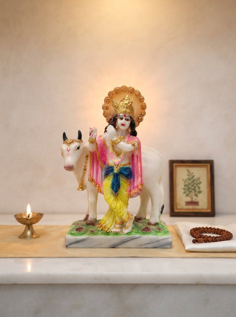 Lord Krishna Statue with Cow | White Marble Deity Figurine