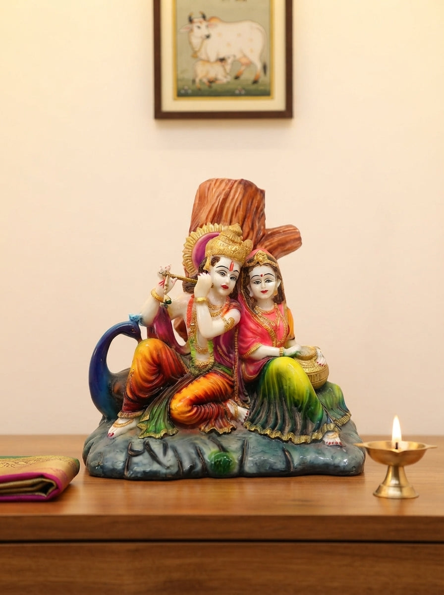 Radha Krishna Seated Statue | Colorful Deity with Peacock