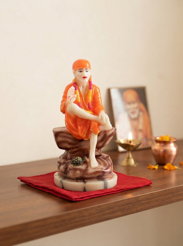 Sai Baba Statue 9.5" | White Marble Seated Figurine on Rock