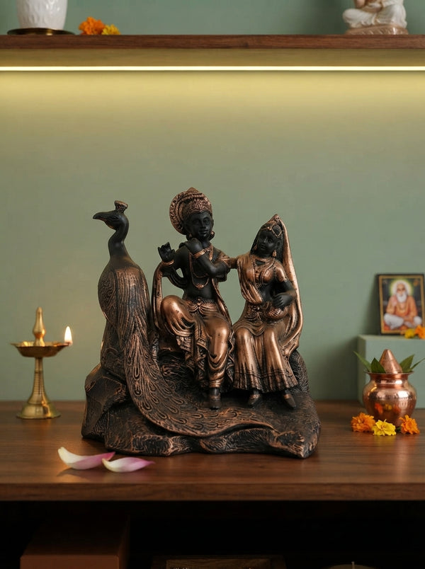 Radha Krishna Statue with Peacock | Antique Bronze Figurine
