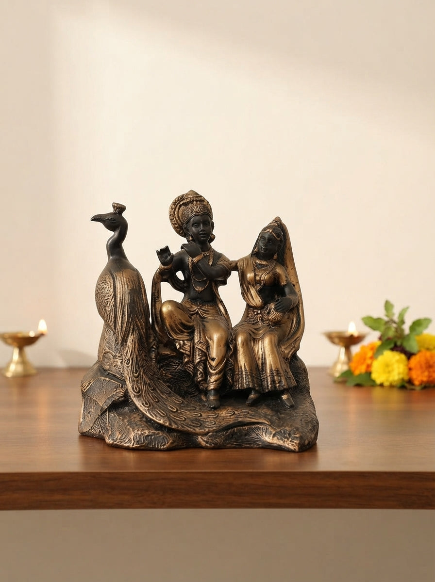 Radha Krishna Statue with Peacock | Antique Bronze Figurine