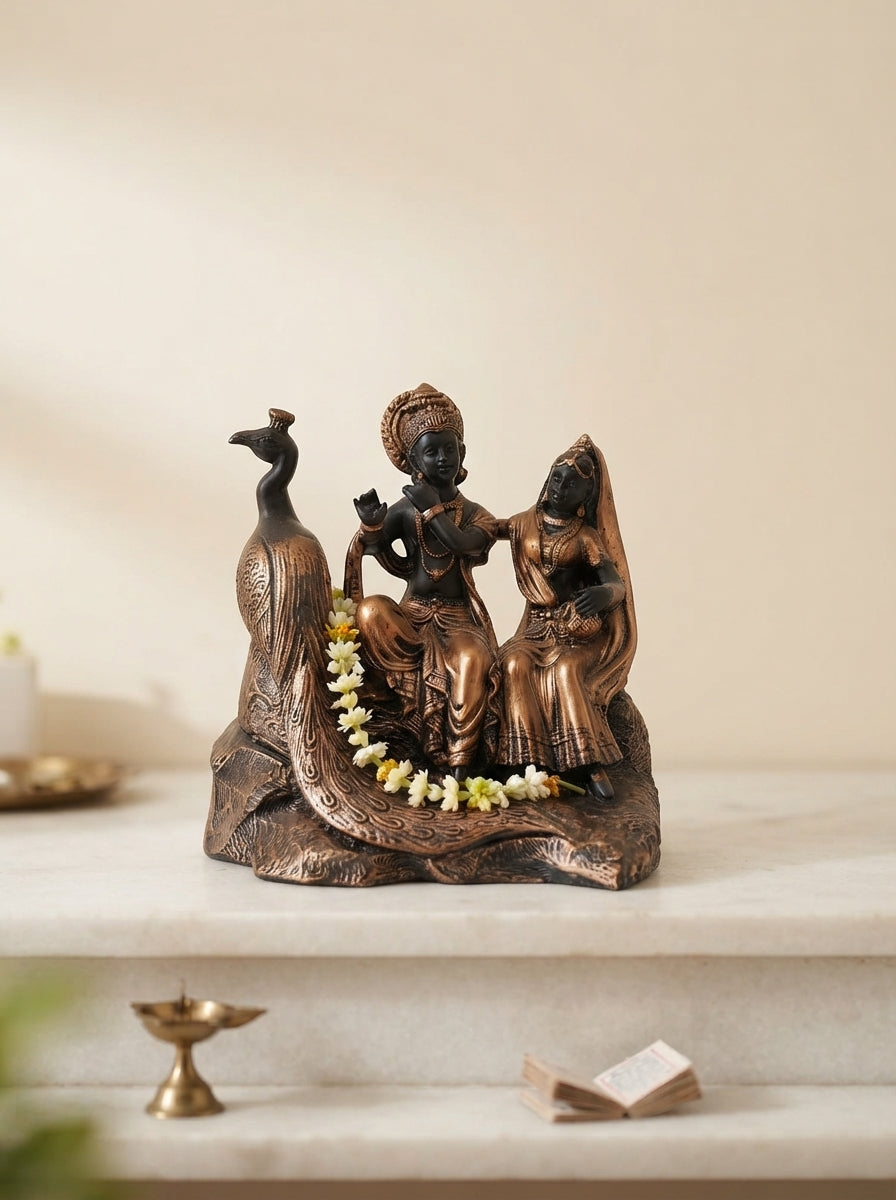 Radha Krishna Statue with Peacock | Antique Bronze Figurine