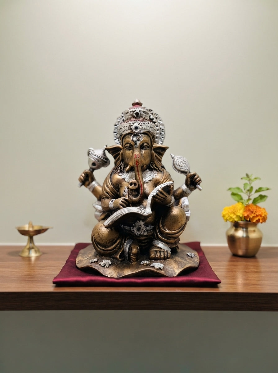 Antique Bronze Ganesha Statue with Scripture 9.5" | Silver Accent