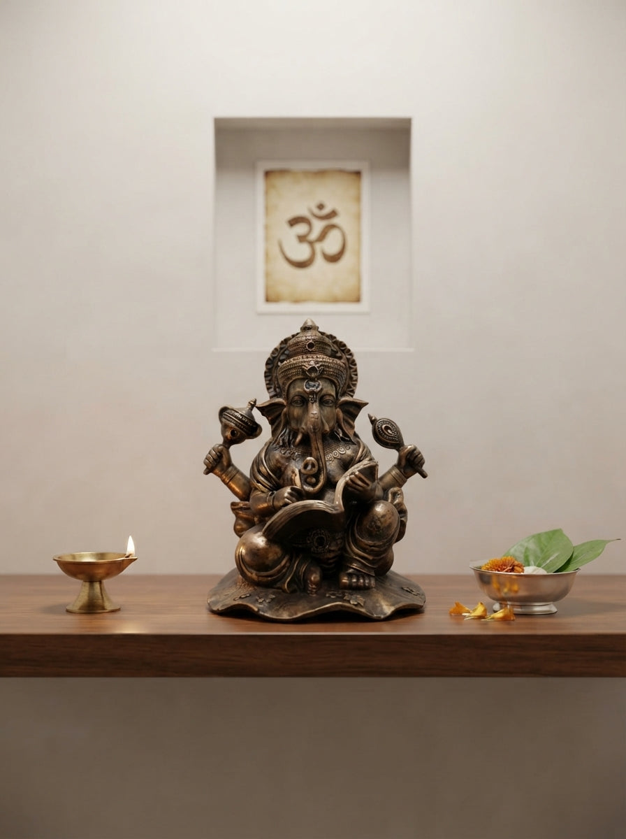 Antique Bronze Ganesha Statue with Scripture 9.5" | Silver Accent