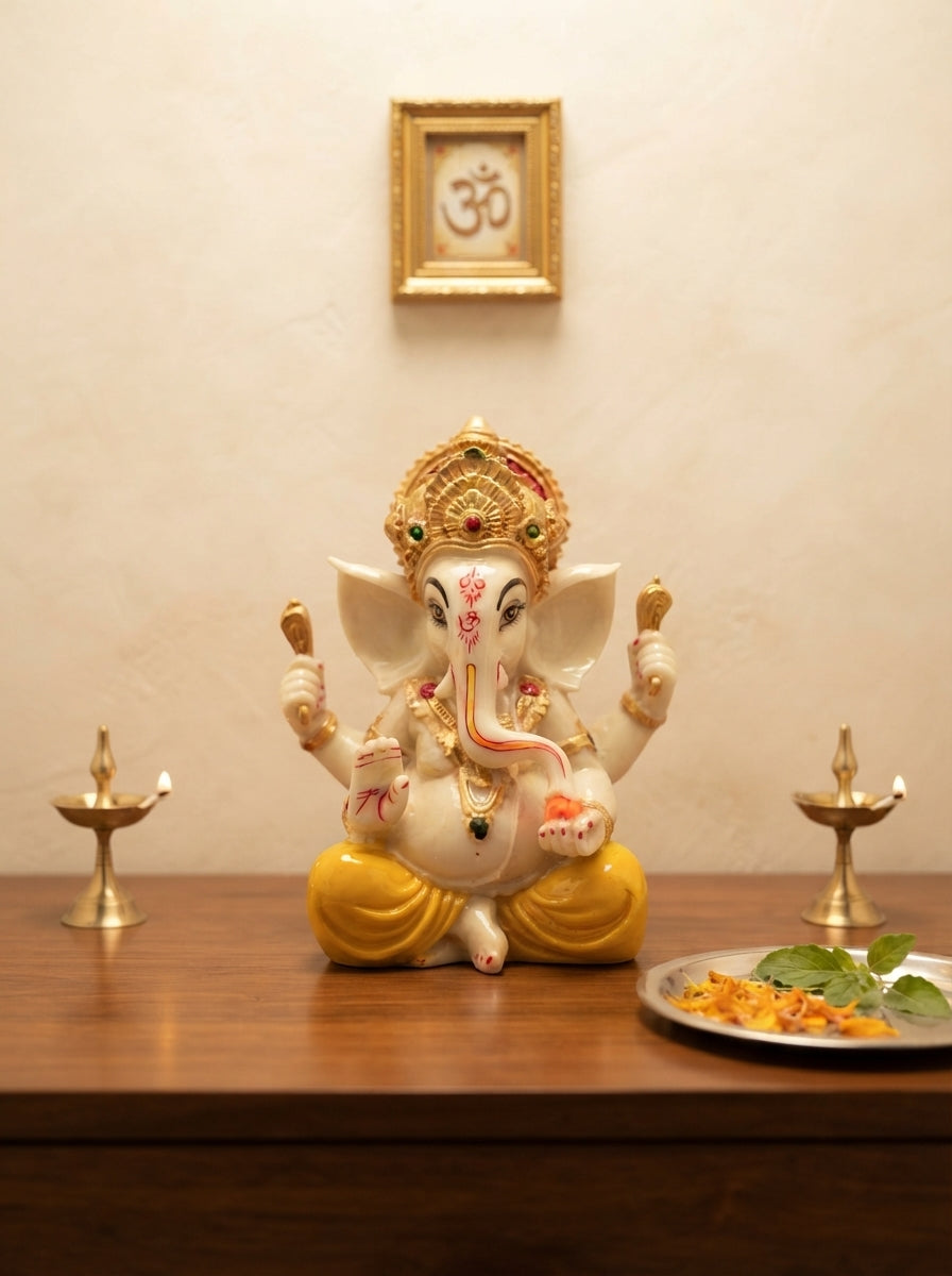 White Marble-Finish Ganesha Statue | Gold Crown Idol