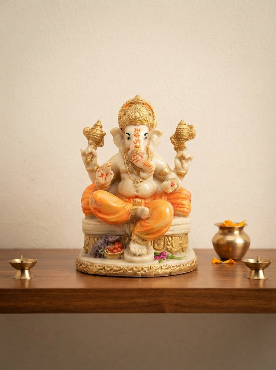 Ganesha Statue on Throne | Orange & Gold Marble Finish