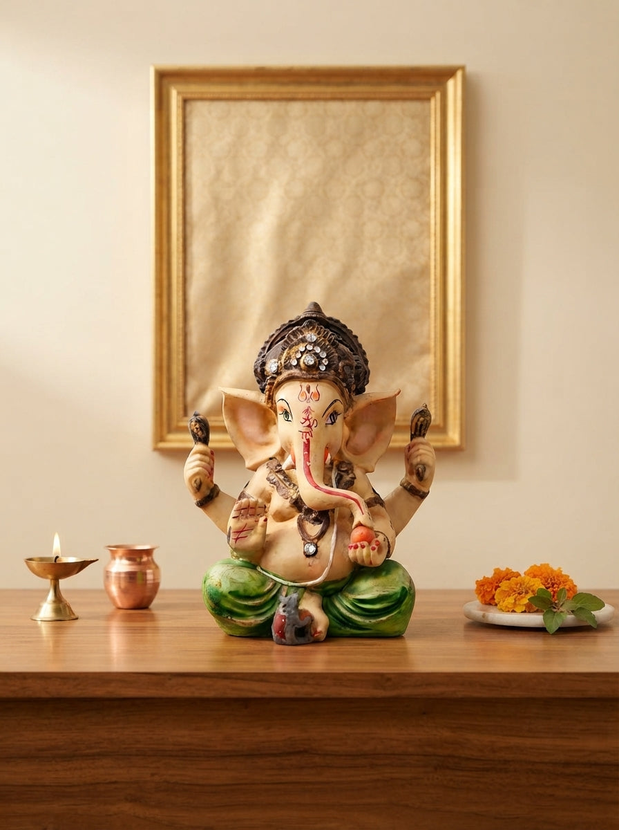 White Marble-Finish Ganesha Statue | Gold Crown Idol