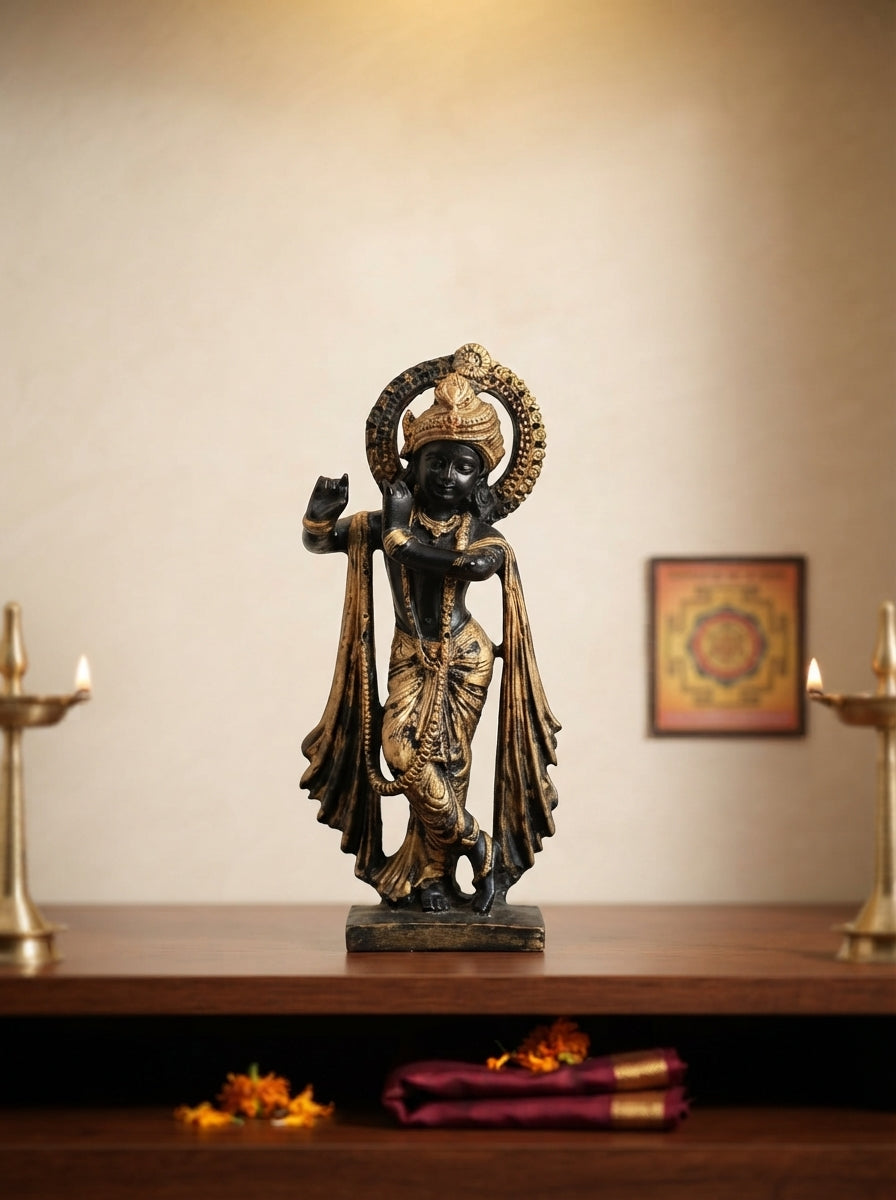 Lord Krishna Statue with Halo | Black & Gold Finish