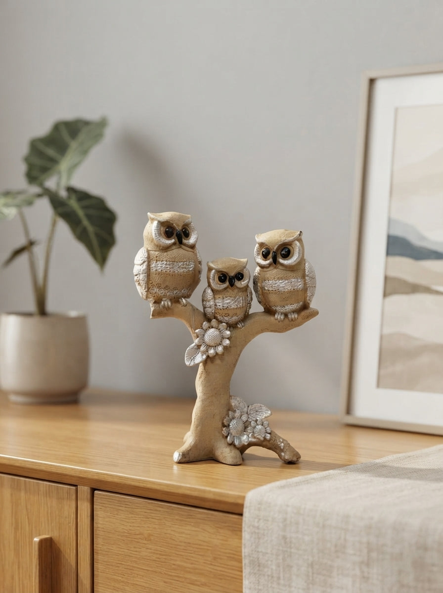 Three Owls on Tree Branch Statue | Beige Silver Home Decor