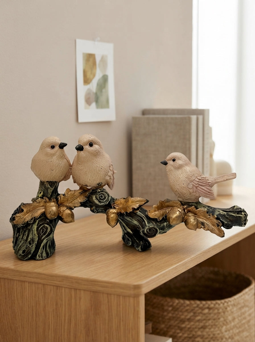 Three Sparrows on Branch Statue | Rustic Bird Figurine Decor