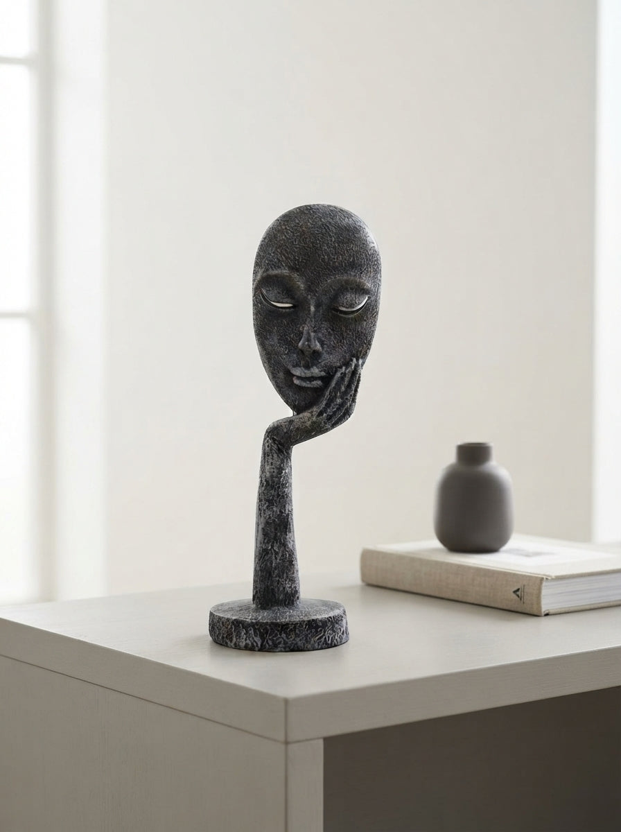 Resting Face Statue on Hand 13” | Black Modern Mask Decor