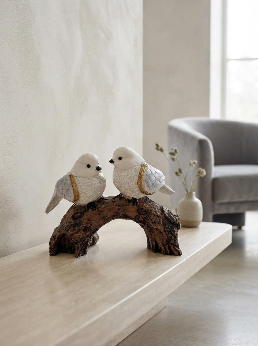 Two Love Birds Statue on Log | White Gold Bird Figurine