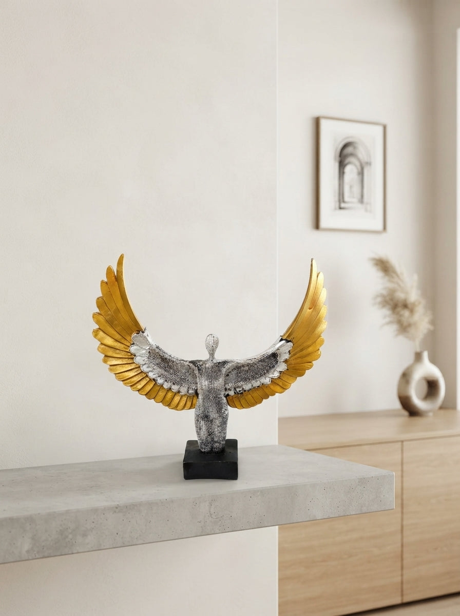 Angel Statue Wide Wingspan | Silver Gold Soaring Sculpture