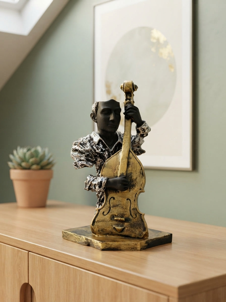 Double Bass Player Statue | Black Silver Musician Bust