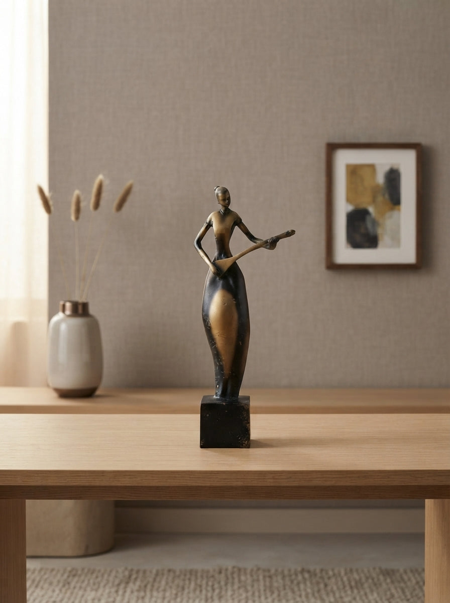 Art Deco Musician Statue | Black Gold Guitar Player Figurine