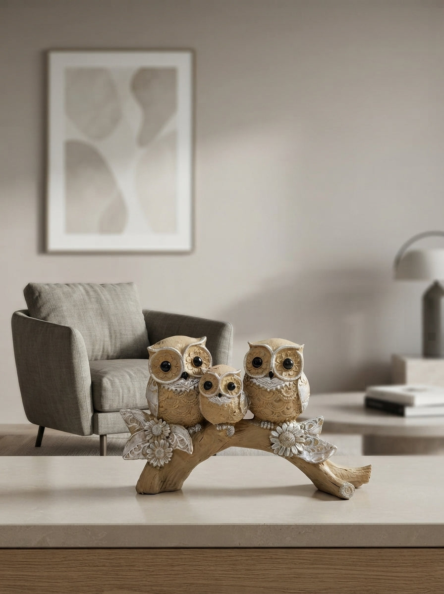 Owl Family Statue on Branch | Beige Silver Lace Owl Decor