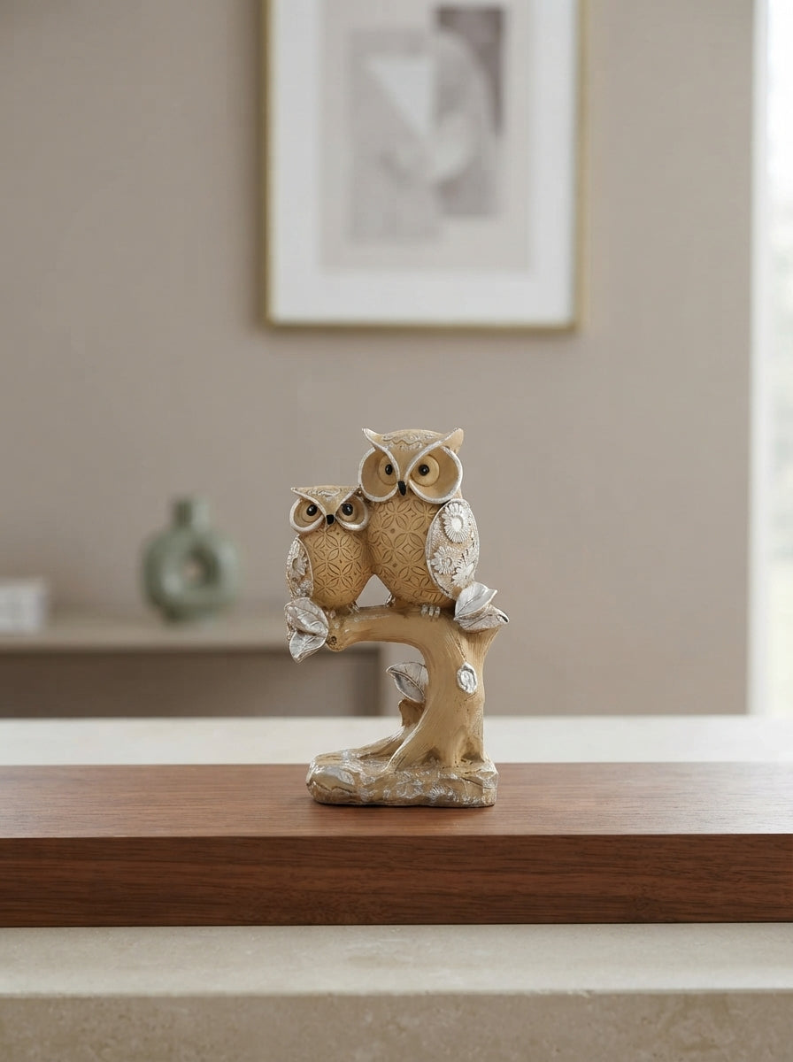 Two Owls on Tree Trunk Statue | Beige Silver Owl Figurine