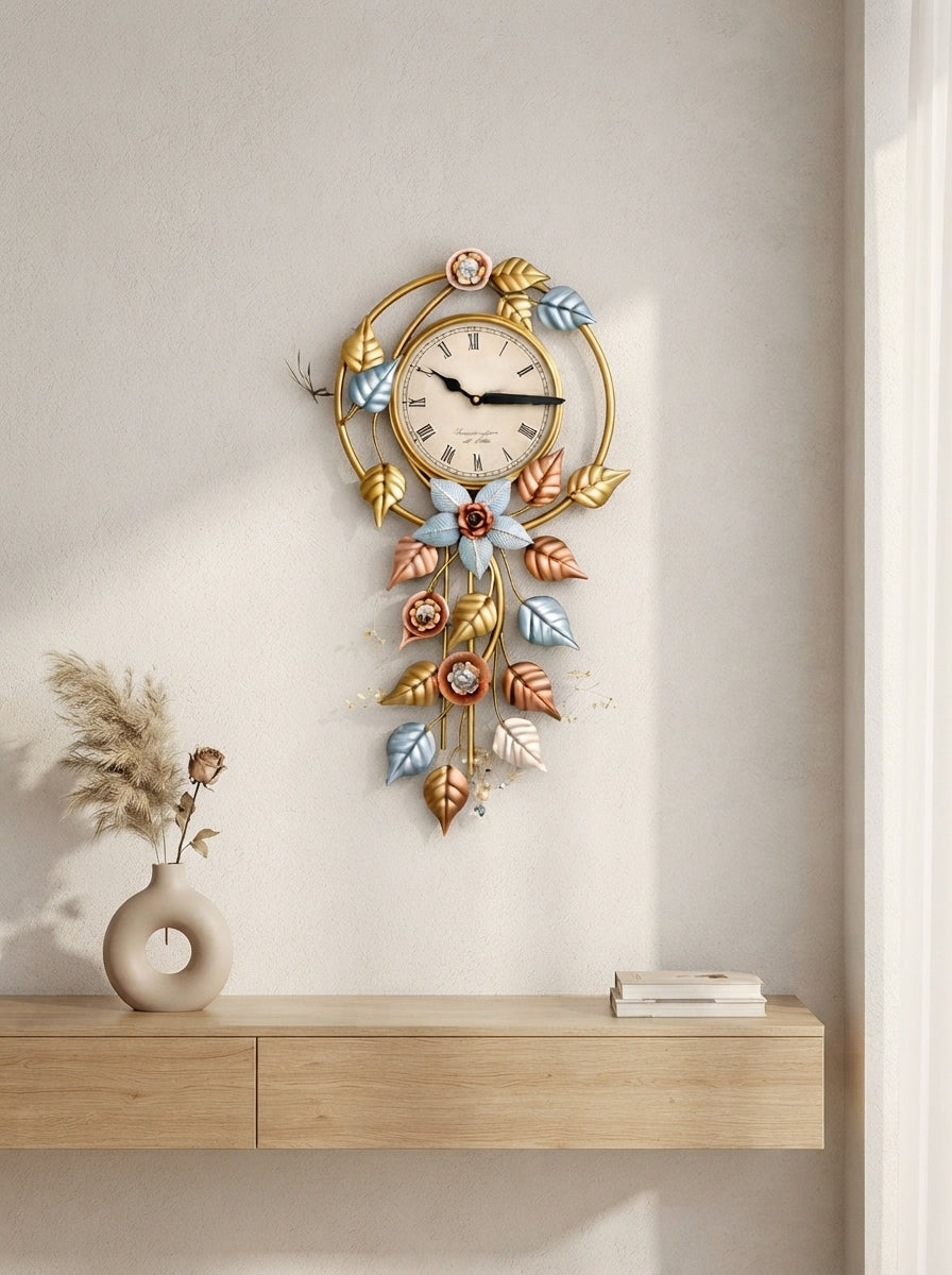 Hanging Leaves Wall Clock 14" x 30" – Decorative Metal Leaf Wall Clock for Living Room & Home Decor