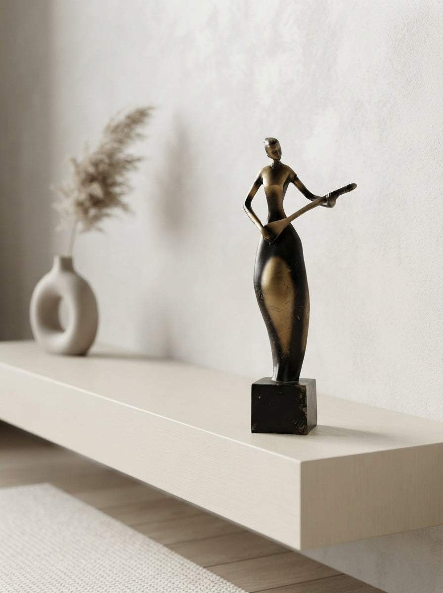Art Deco Musician Statue | Black Gold Guitar Player Figurine