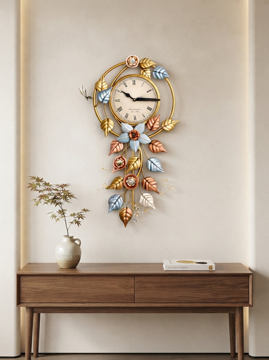 Hanging Leaves Wall Clock 14" x 30" – Decorative Metal Leaf Wall Clock for Living Room & Home Decor