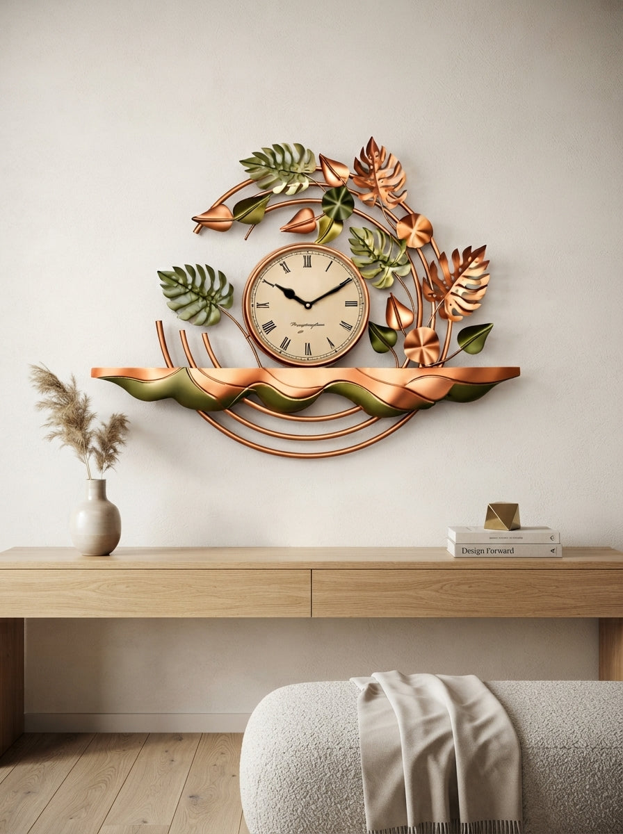 Decorative Leaf Wall Clock 28" x 25" – Elegant Metal Leaf Wall Clock for Living Room & Home Decor